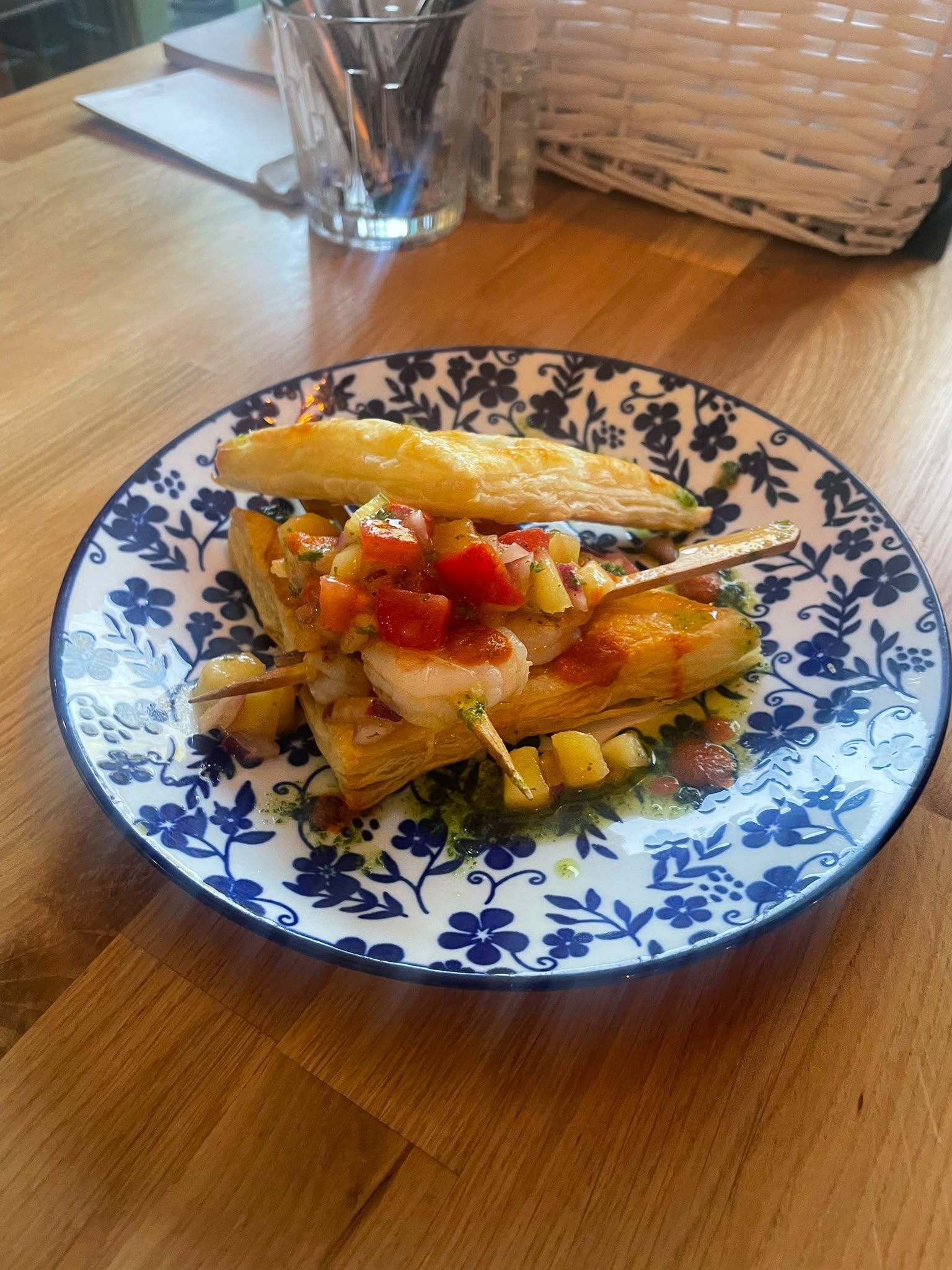 Restaurant dish on blue-and-white tableware at Soleá